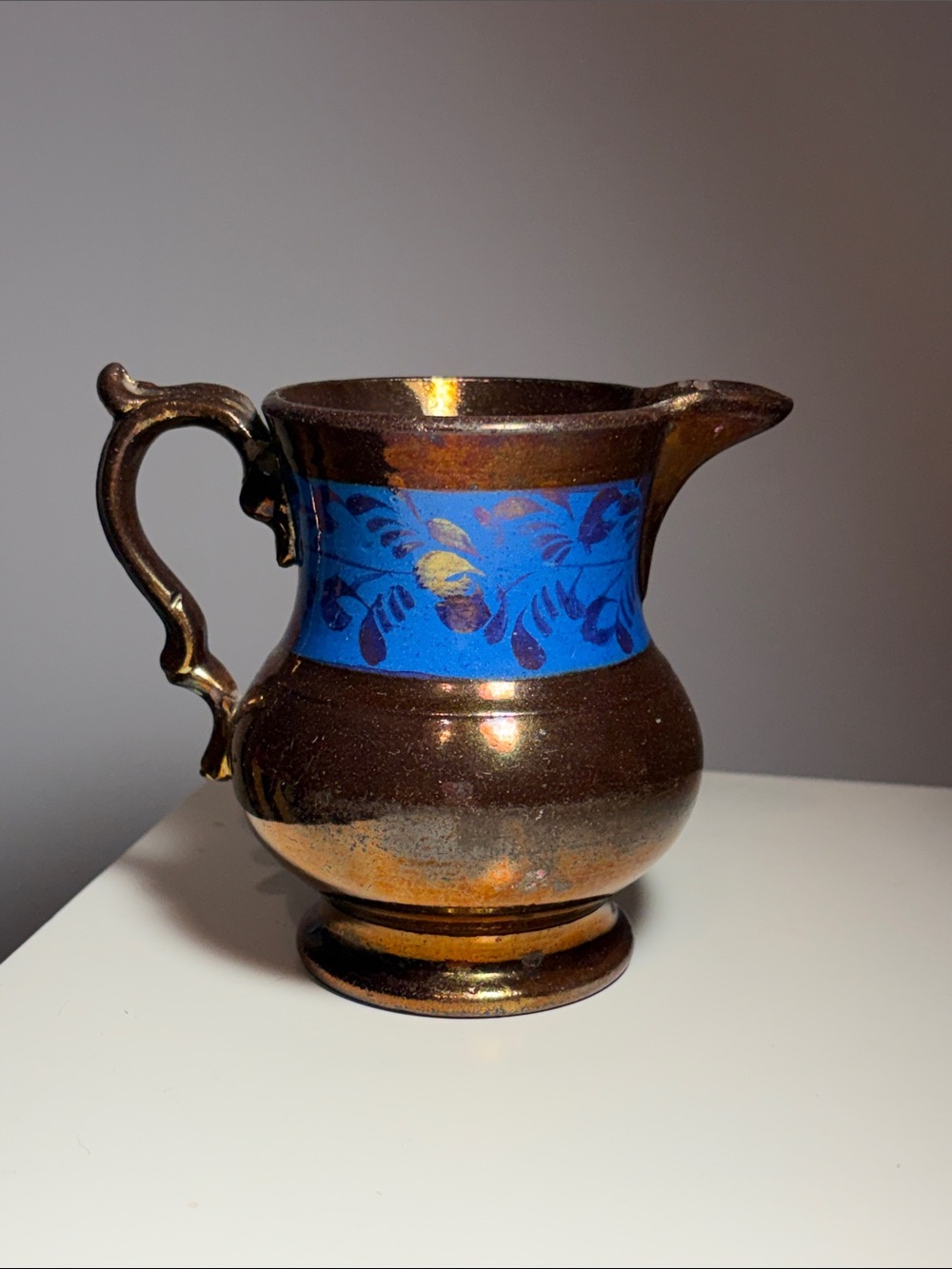 Antique Vintage Copper + Blue Pitcher Jug Luster Ware Longton England